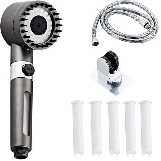 Ordalyne High-Pressure Filtered Shower Head – Handheld with 3 Spray Modes, Pause Switch, Hose & 5 Replaceable Sediment Filters